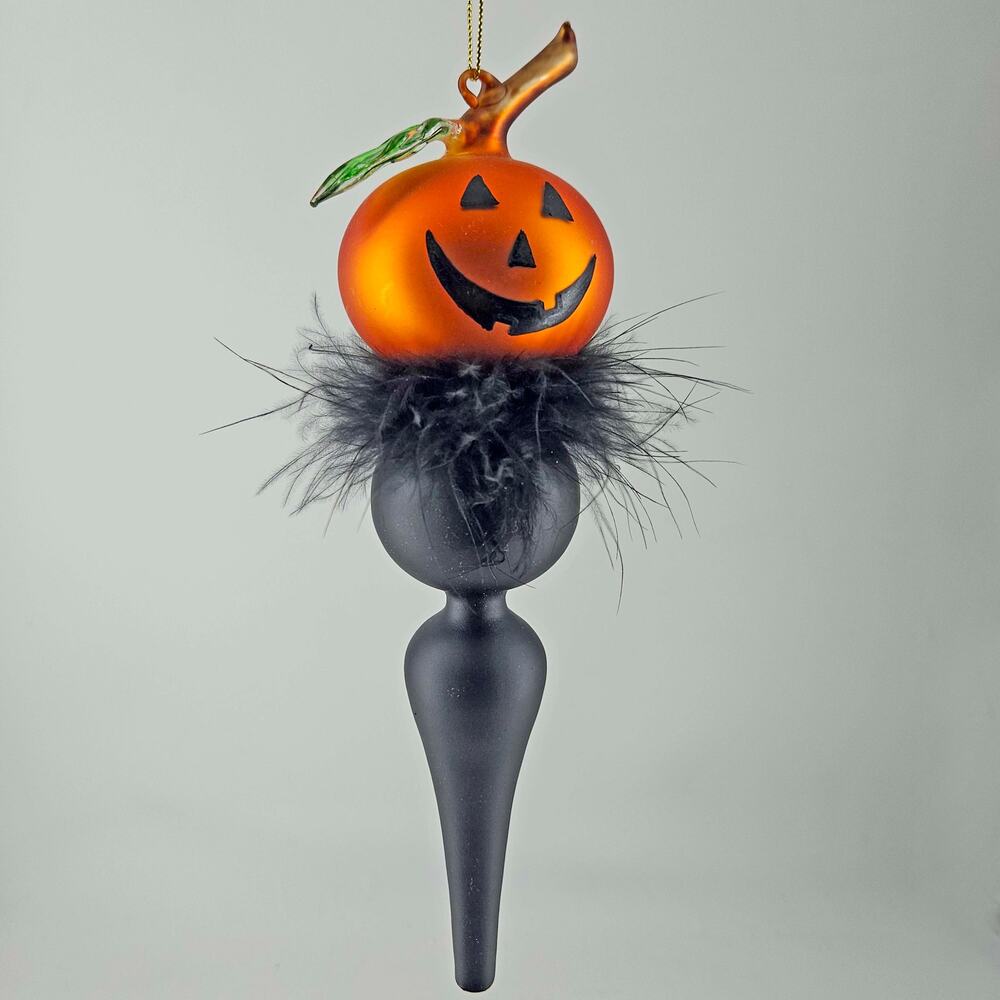 Halloween Jack o Lantern Glass Ornaments Black Feather Pumpkin Decor